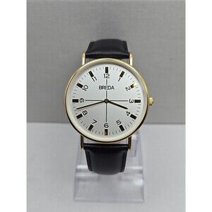 Breda Gold White Dial Quartz Unisex Watch Black Leather Strap New Battery Dallas